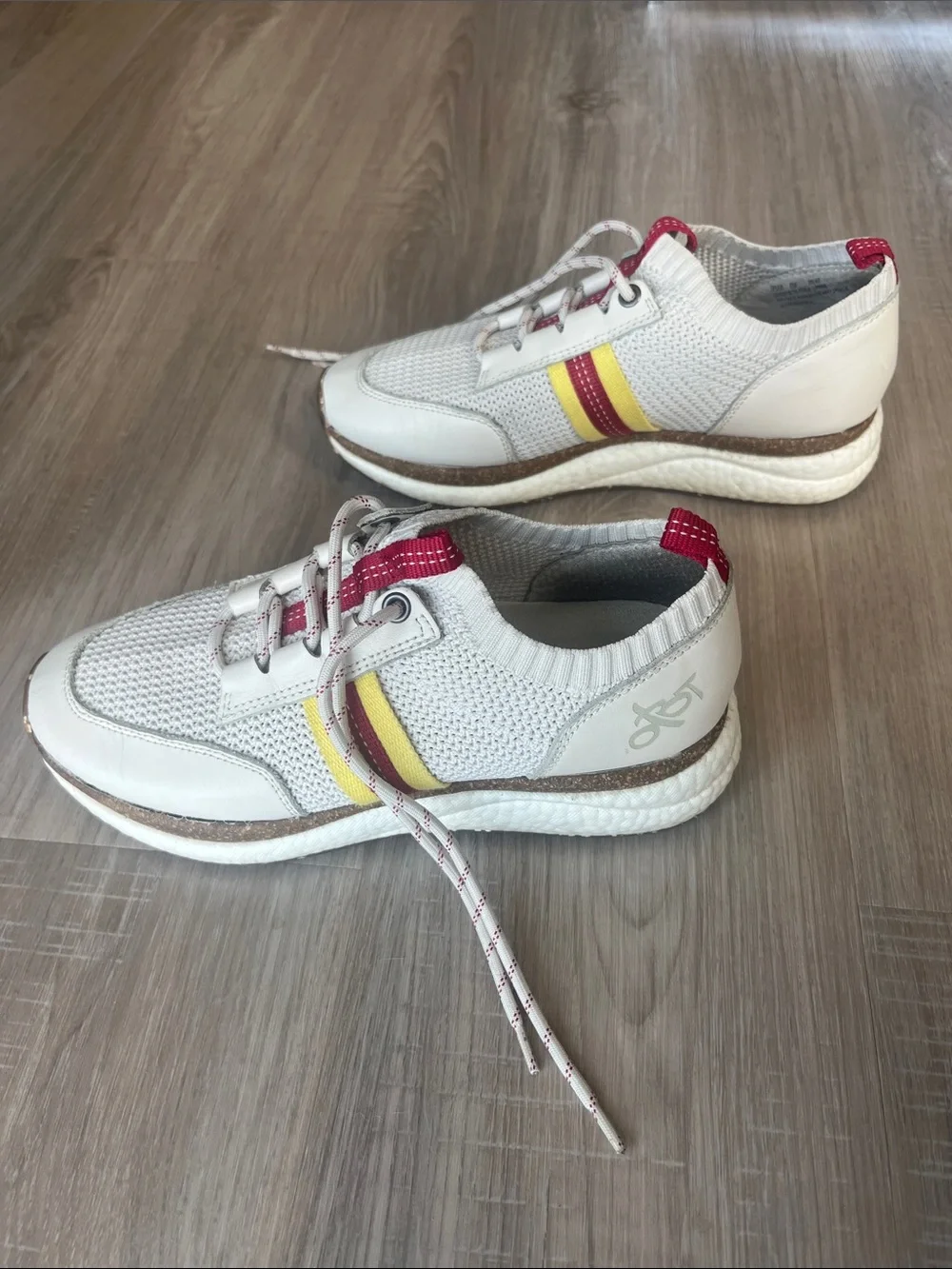 OTBT White Knit Sneakers with Red & Yellow Stripe Accent